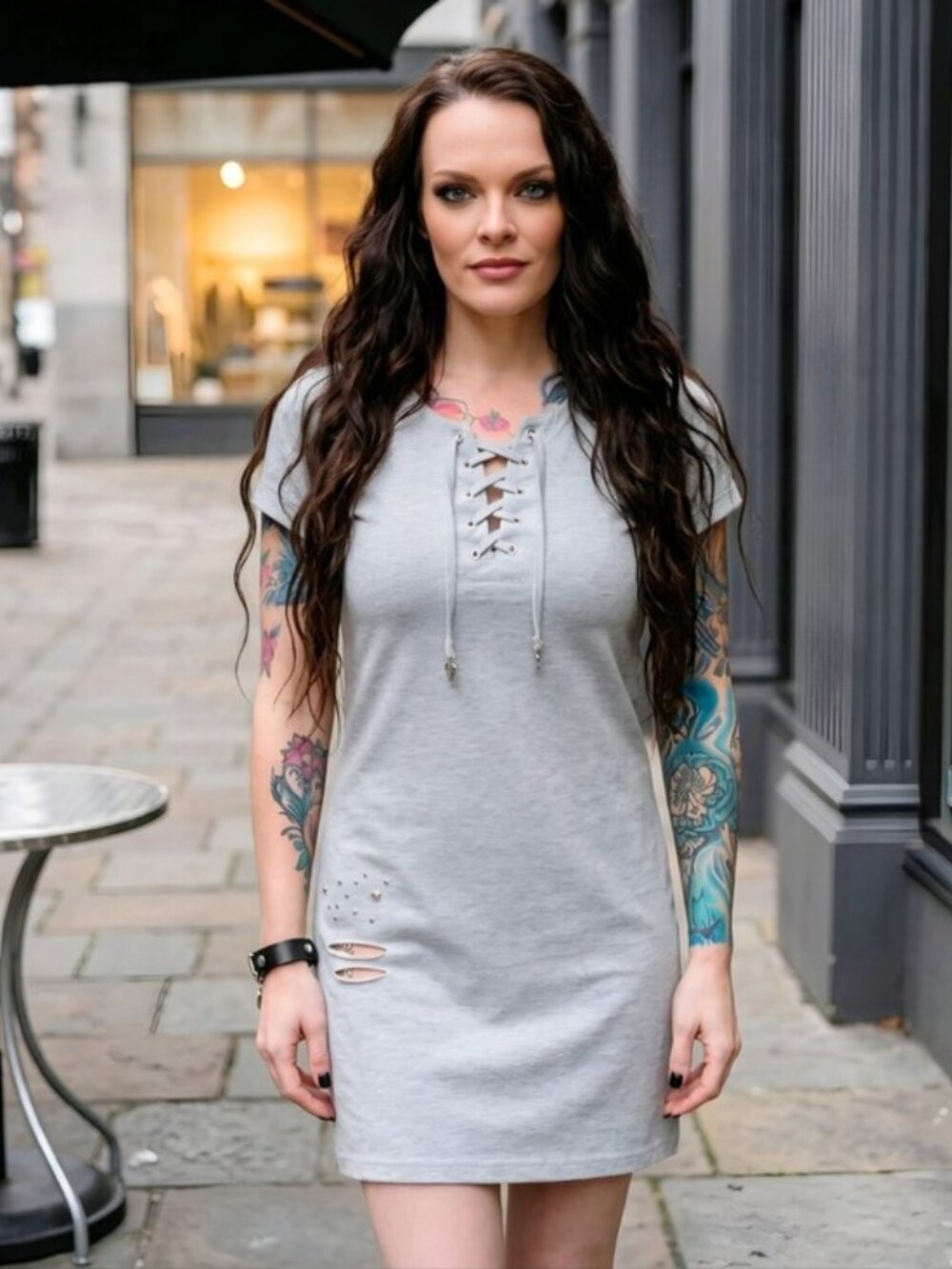 Almost Famous ✦ Sweatshirt Dress ✦ Heather Grey Lace-Up Neckline Distressed L